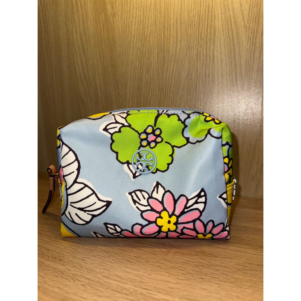 Tory Burch Floral Nylon Cosmetic Case Blue Pink Yellow Makeup Bag Pouch